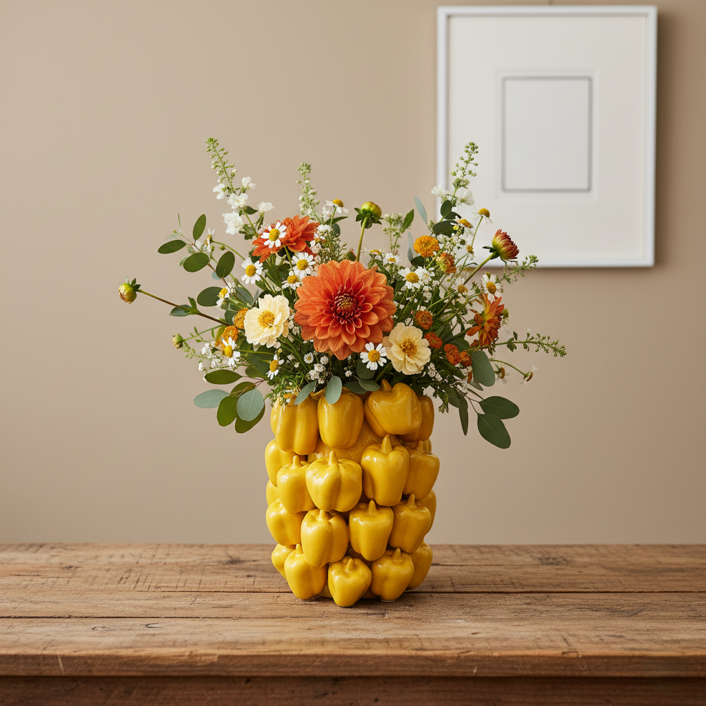 Keramikvase in gelber Paprika Optik mit buntem Blumenstrauss aus Dahlien und Wiesenblumen, dekorativ auf Holztisch vor hellem Hintergrund.
