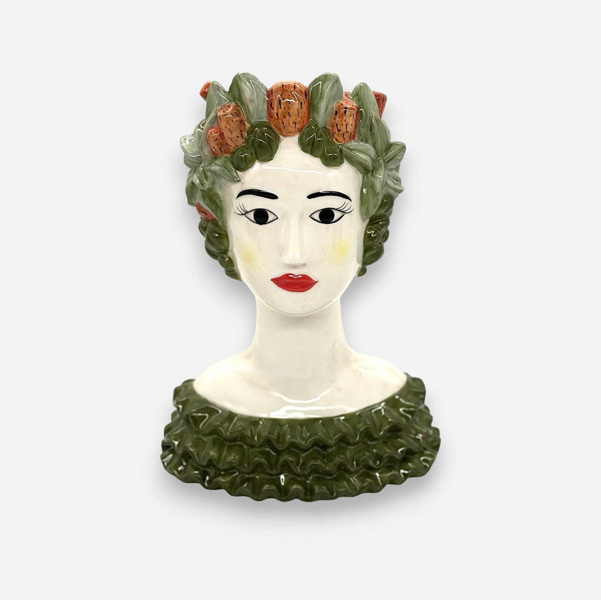 Frauenkopfvase, Dekovase aus Keramik handbemalt Frauenbüste grün H 35cm x 26cm x 16cm | Verdiana Vasen von EDG