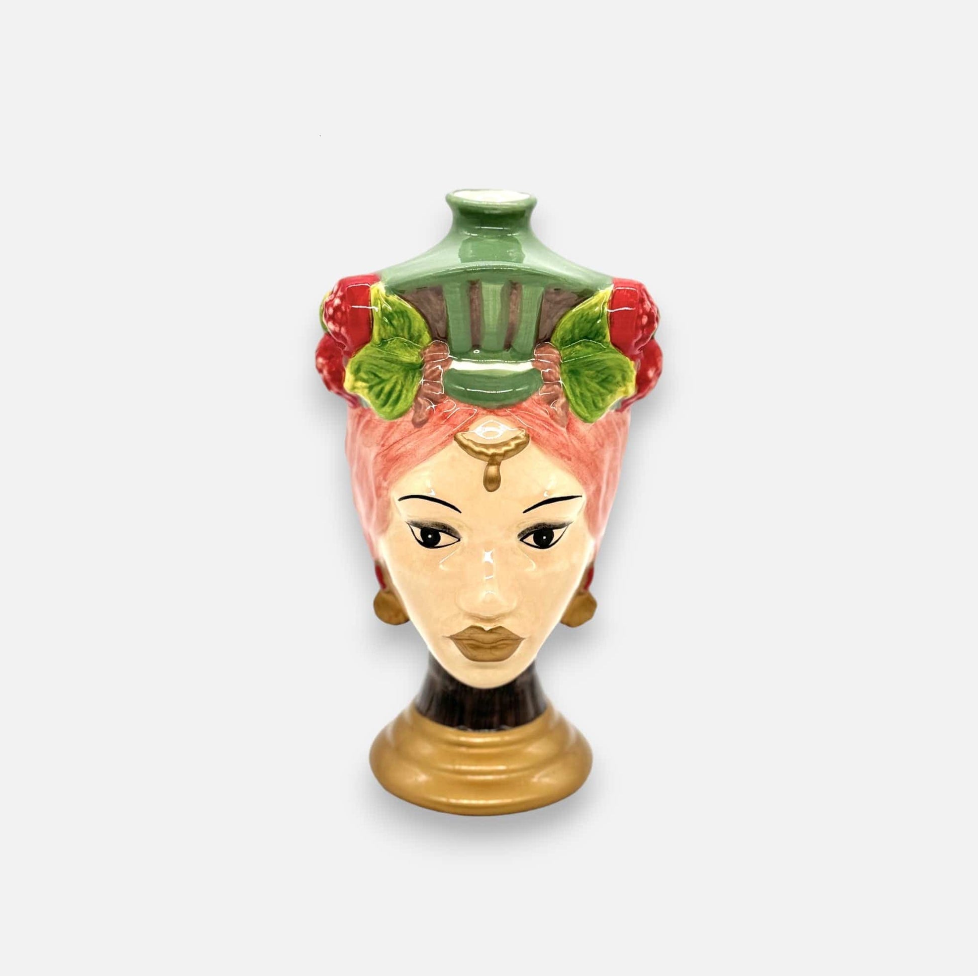 Frauenkopfvase, Dekovase aus Keramik, handbemalt, Frauenbüste, mehrfarbig, H 26 cm × Ø 14 cm × Öffnung Ø 2 cm – von EDG