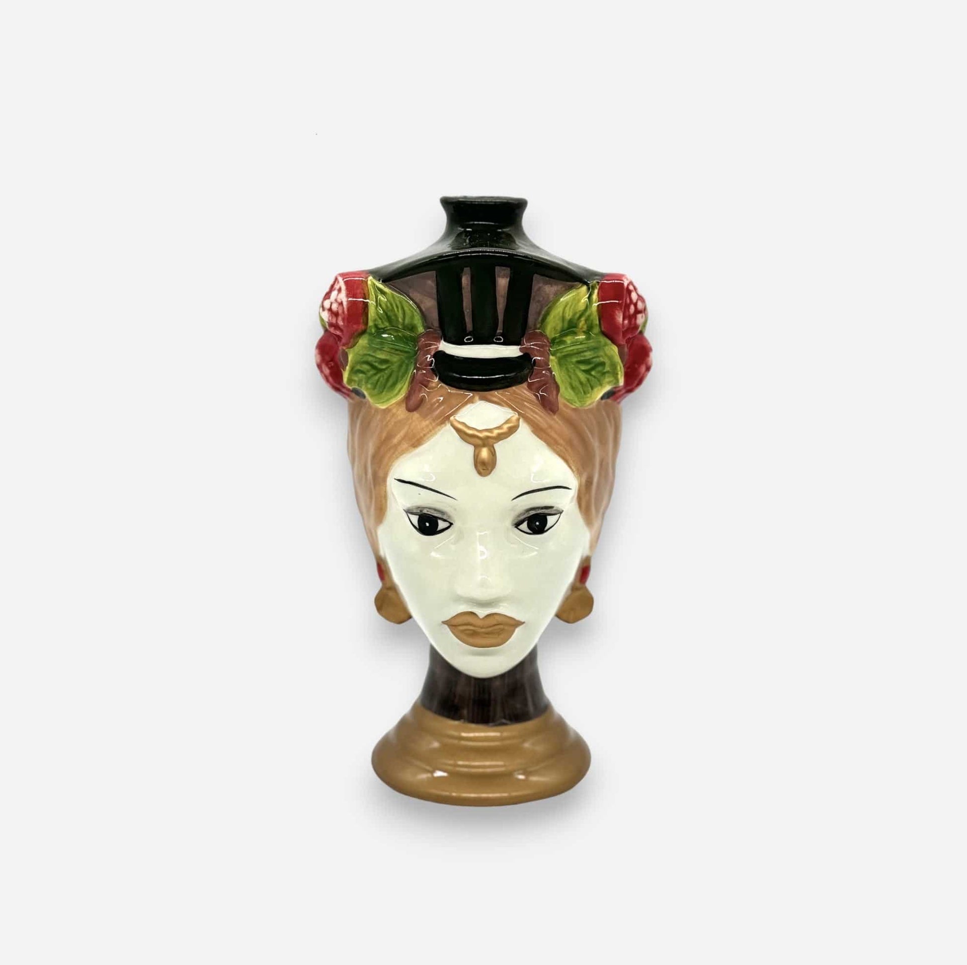 Frauenkopfvase, Dekovase aus Keramik, handbemalt, Frauenbüste, mehrfarbig, H 26 cm × Ø 14 cm × Öffnung Ø 2 cm – von EDG
