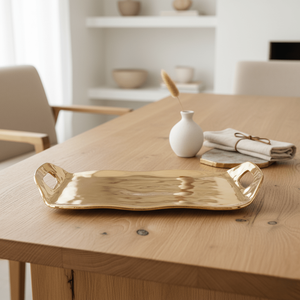 Servierplatte aus Porzellan, gold metallic Look, rechteckig mit Griffen, groß, L 44,5 cm × B 28 cm × H 6 cm von Pampa Bay