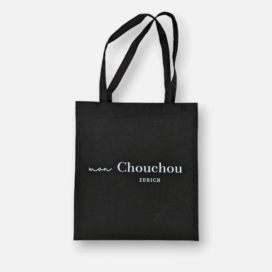Tote Bag, Einkaufstasche aus Baumwolle schwarz mit Schriftzug Logo Mon Chouchou Zürich 37 cm × 34,5 cm von Mon Chouchou