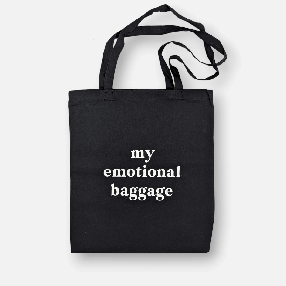 Tote Bag, Einkaufstasche aus Baumwolle, schwarz, mit Schriftzug „my emotional baggage“, 42,5 cm × 36,5 cm – von Typealive