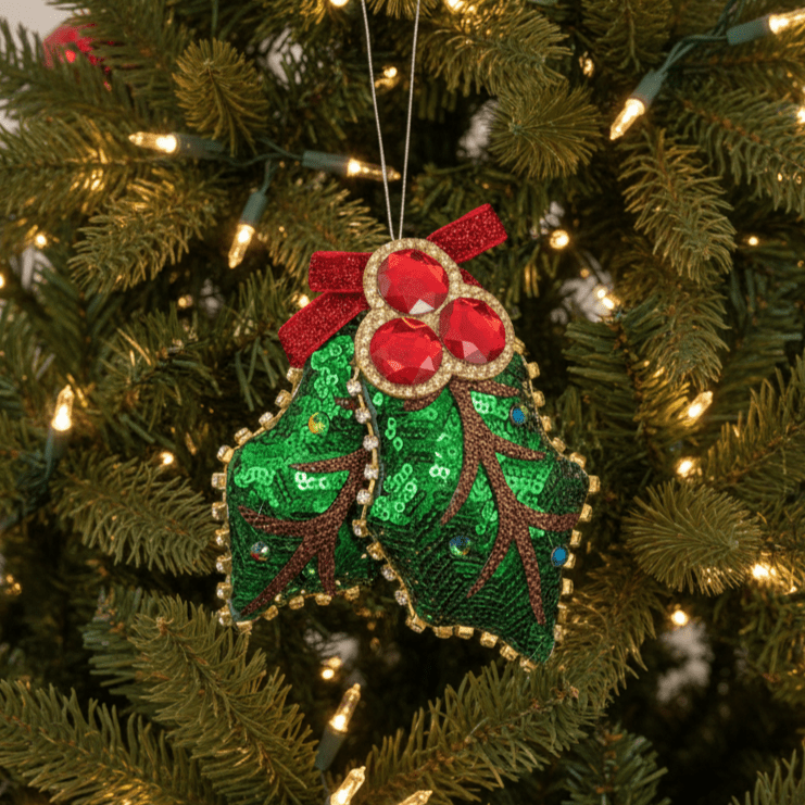 Weihnachtsanhänger Stechpalmenzweig aus Stoff Grün Rot mit Pailletten, H 12cm, Weihnachten Dekoration von EDG
