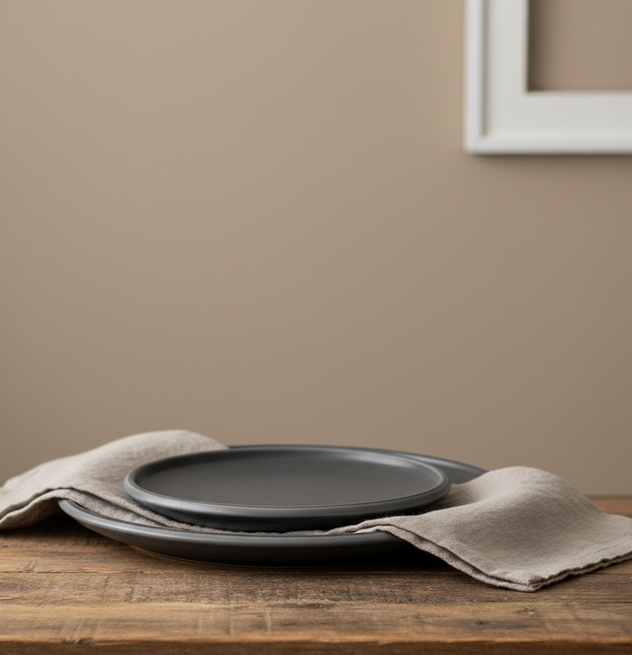 Schwarz-mattes Geschirr Set mit zwei Tellern auf Holztisch, ergänzt durch beige Stoffserviette vor schlichtem Hintergrund.