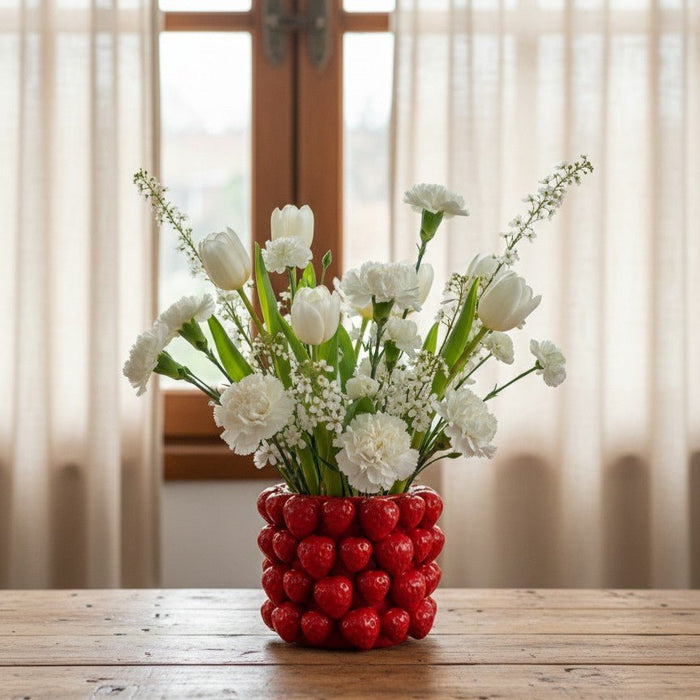 Keramikvase in roter Beeren Optik mit weissem Blumenstrauss aus Tulpen und Nelken, arrangiert auf Holztisch vor Fenster mit Vorhängen.