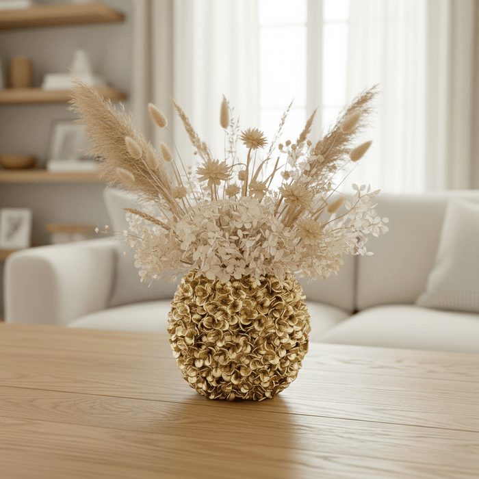 Goldene Hortensienvase mit cremefarbenem Trockenblumenstrauss, dekorativ auf Holztisch vor hellem Wohnzimmerhintergrund.