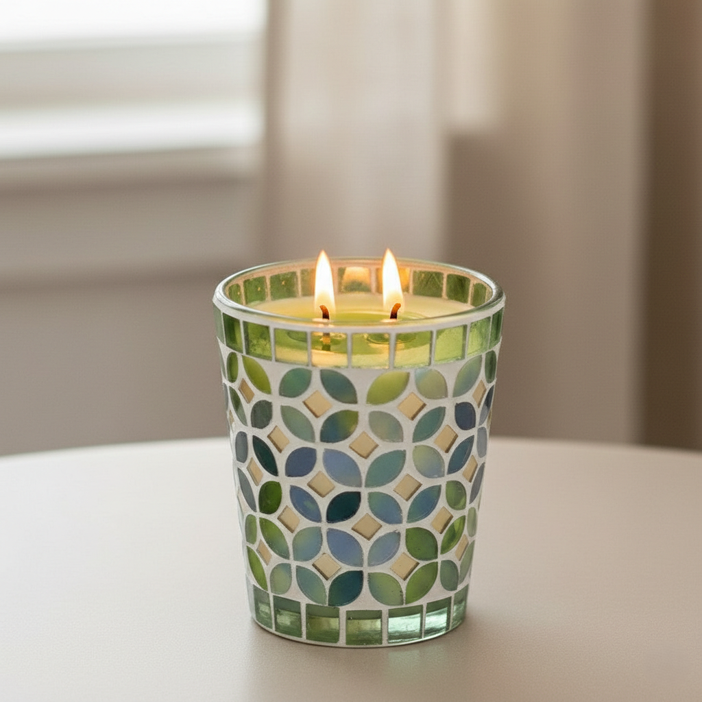 Grüne Duftkerze aus Glas Agadir mit Mosaik und Duft Green Utopia in Geschenkbox H 12cm Ø 10.5cm