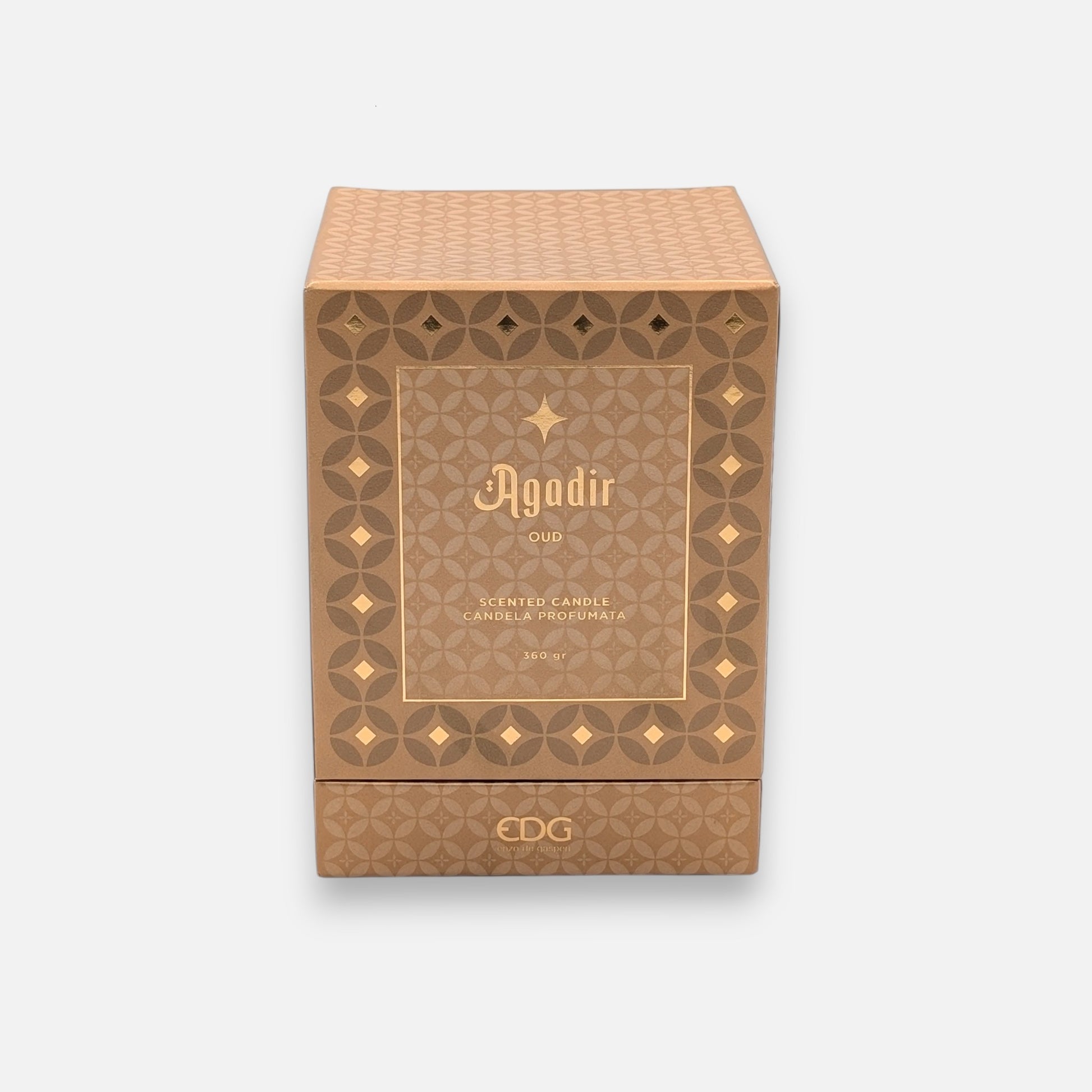 Braune Duftkerze aus Glas Agadir mit Mosaik und Duft Oud in Geschenkbox H 12cm Ø 10.5cm