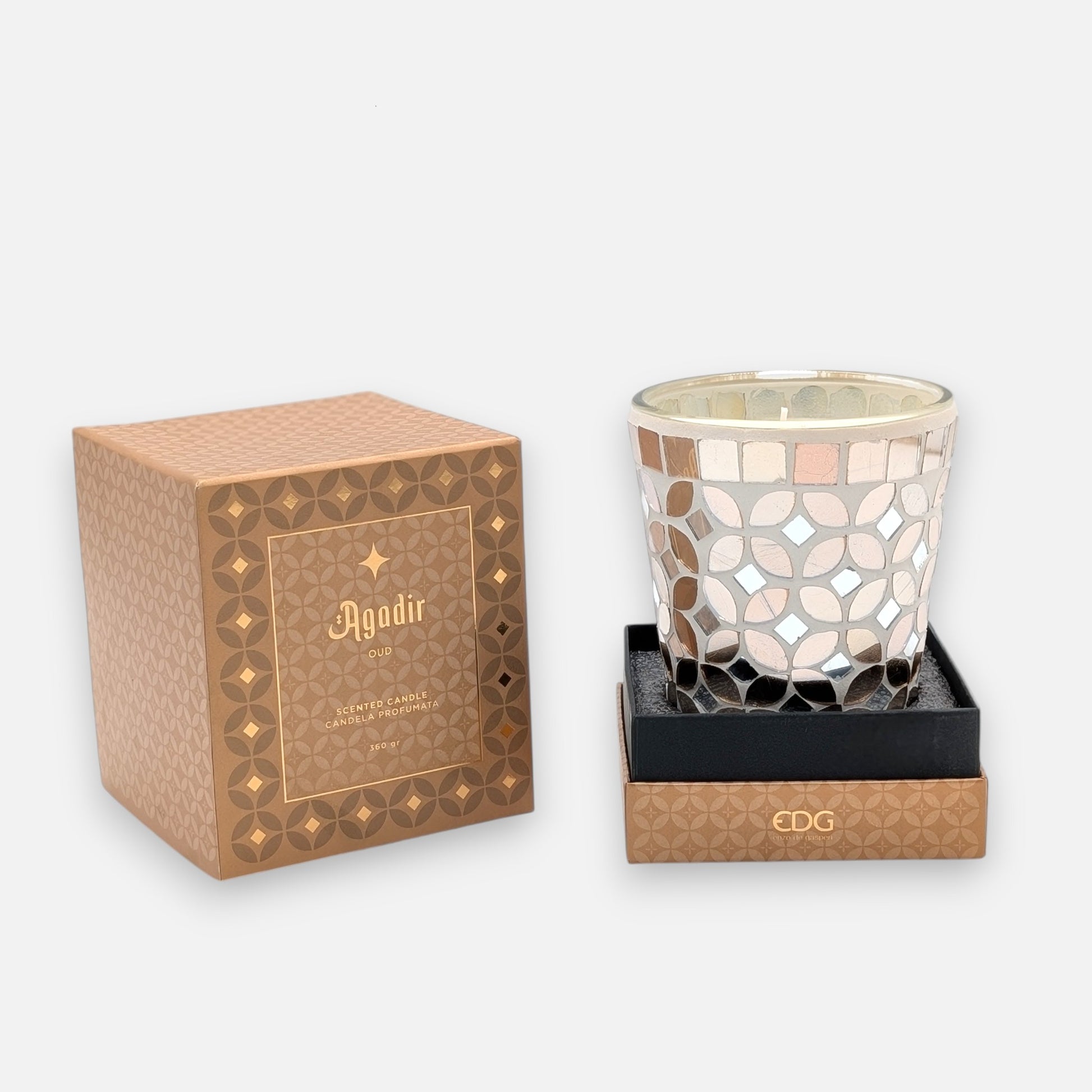Braune Duftkerze aus Glas Agadir mit Mosaik und Duft Oud in Geschenkbox H 12cm Ø 10.5cm