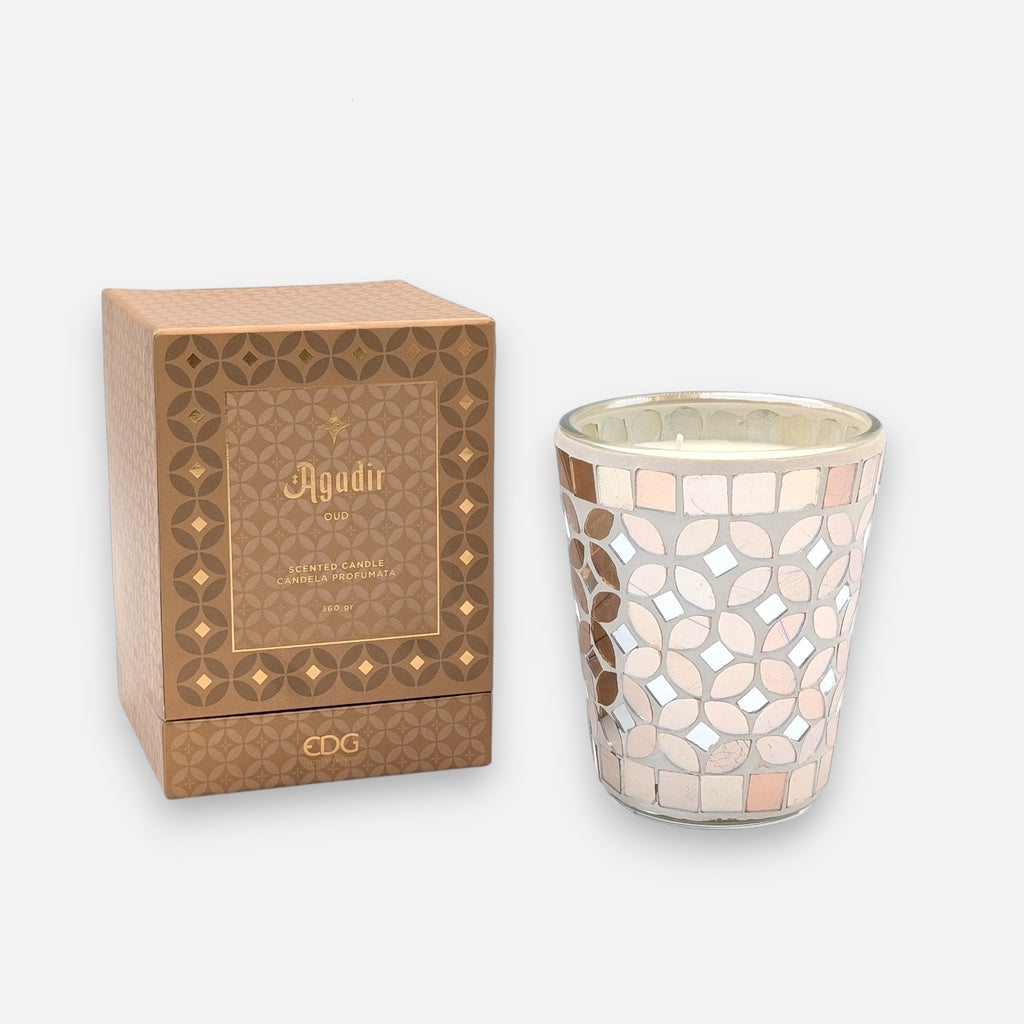 Braune Duftkerze aus Glas Agadir mit Mosaik und Duft Oud in Geschenkbox H 12cm Ø 10.5cm