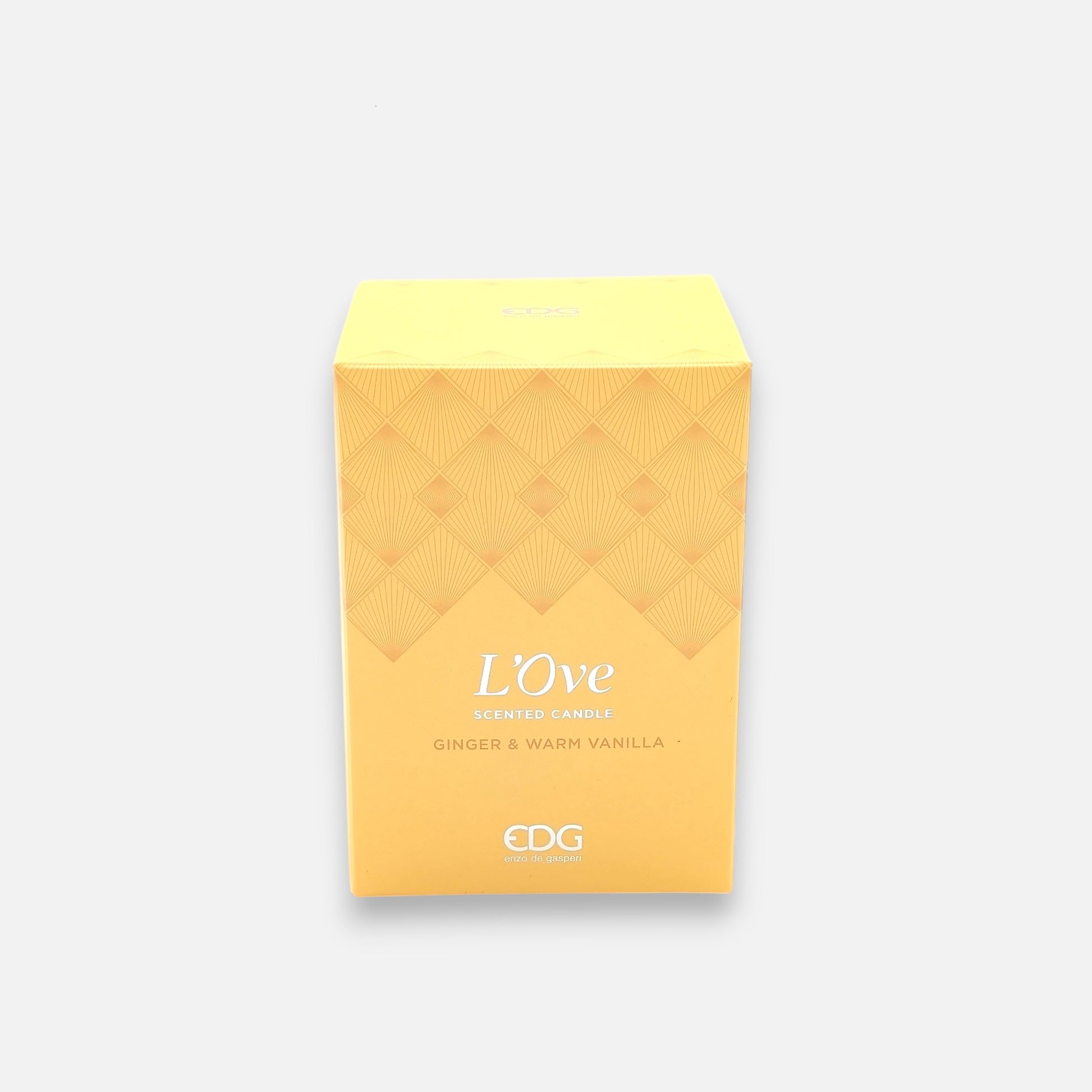 Gelbe Duftkerze aus Glas Osterei Motiv und Duft Vanille-Ingwer in Geschenkbox H 12cm Ø 8cm