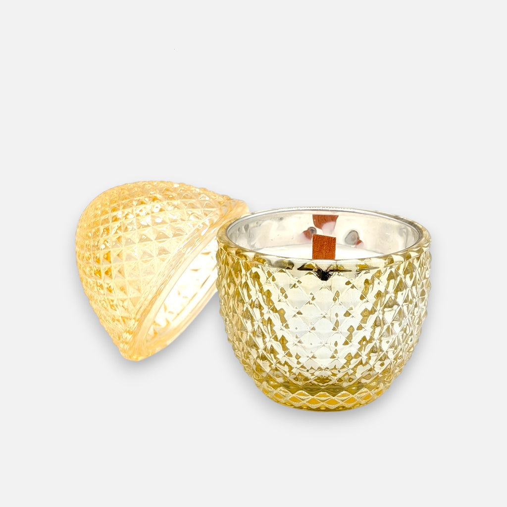 Gelbe Duftkerze aus Glas Osterei Motiv und Duft Vanille-Ingwer in Geschenkbox H 12cm Ø 8cm