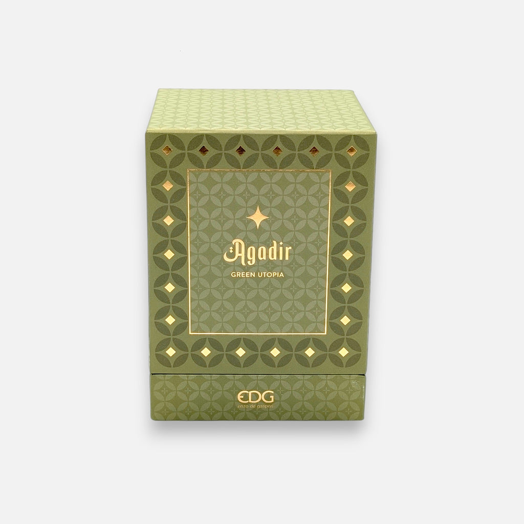 Grüne Duftkerze aus Glas Agadir mit Mosaik und Duft Green Utopia in Geschenkbox H 12cm Ø 10.5cm