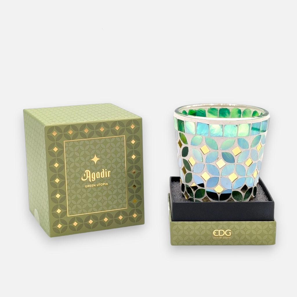 Grüne Duftkerze aus Glas Agadir mit Mosaik und Duft Green Utopia in Geschenkbox H 12cm Ø 10.5cm