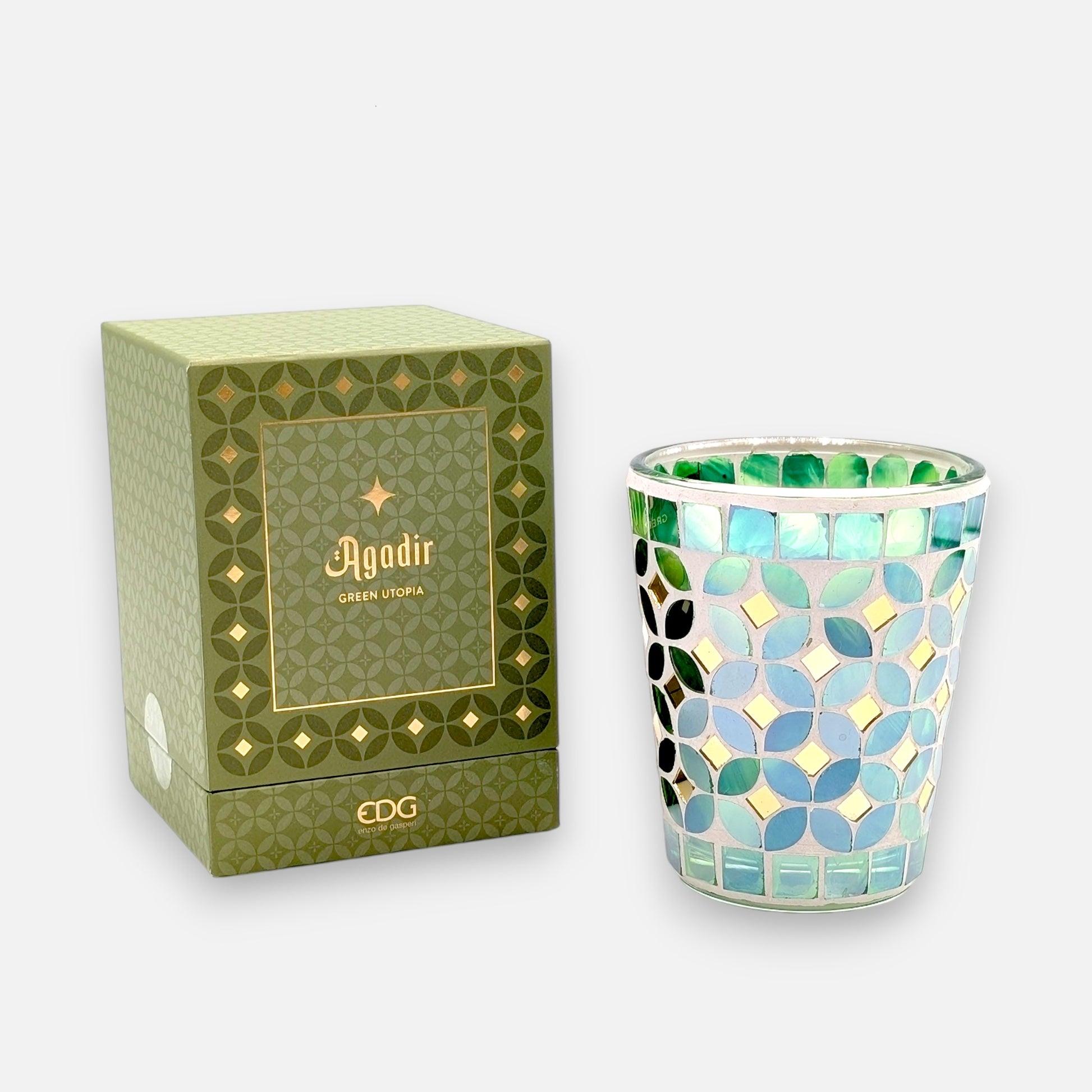 Grüne Duftkerze aus Glas Agadir mit Mosaik und Duft Green Utopia in Geschenkbox H 12cm Ø 10.5cm