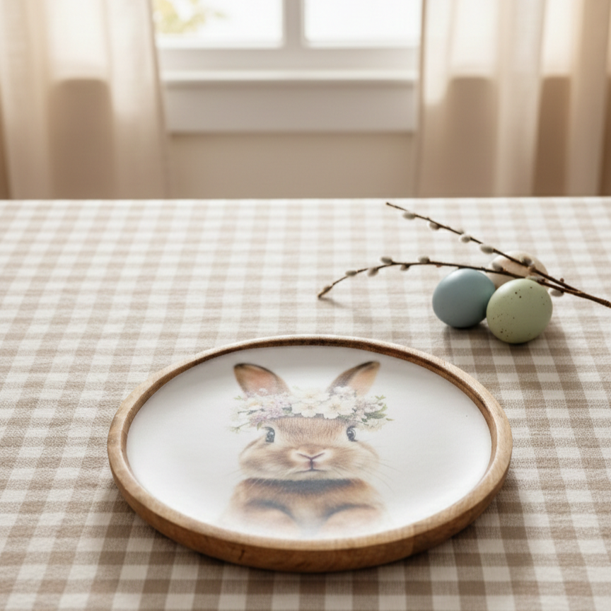 Dekoteller Ostern aus Mangoholz mit Hasenmotiv und Blumenkranz