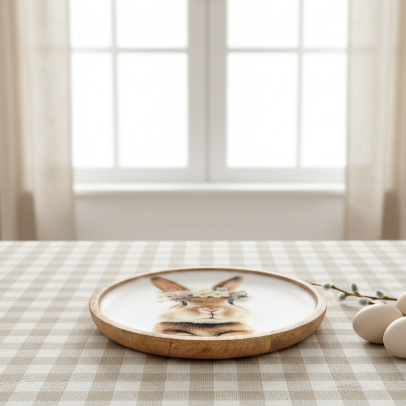 Dekoteller Ostern aus Mangoholz mit Hasenmotiv und Blumenkranz