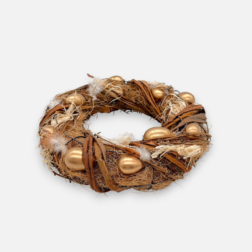 Osterkranz aus Weide Gras und Federn mit dekorativen Eiern, natürliche Osterdekoration Ø35cm