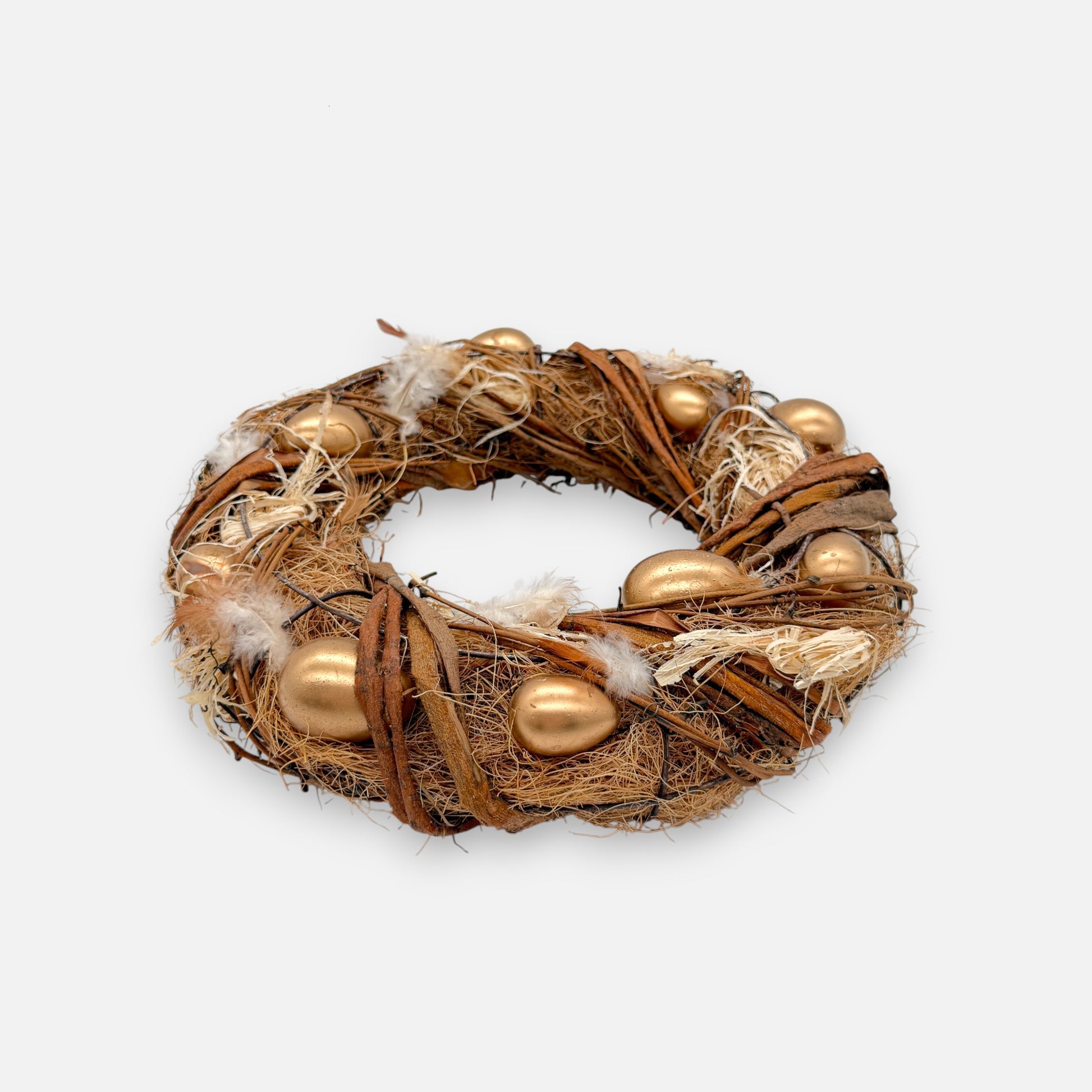 Osterkranz aus Weide Gras und Federn mit dekorativen Eiern, natürliche Osterdekoration Ø35cm