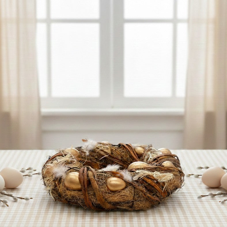 Osterkranz aus Weide Gras und Federn mit dekorativen Eiern, natürliche Osterdekoration Ø35cm