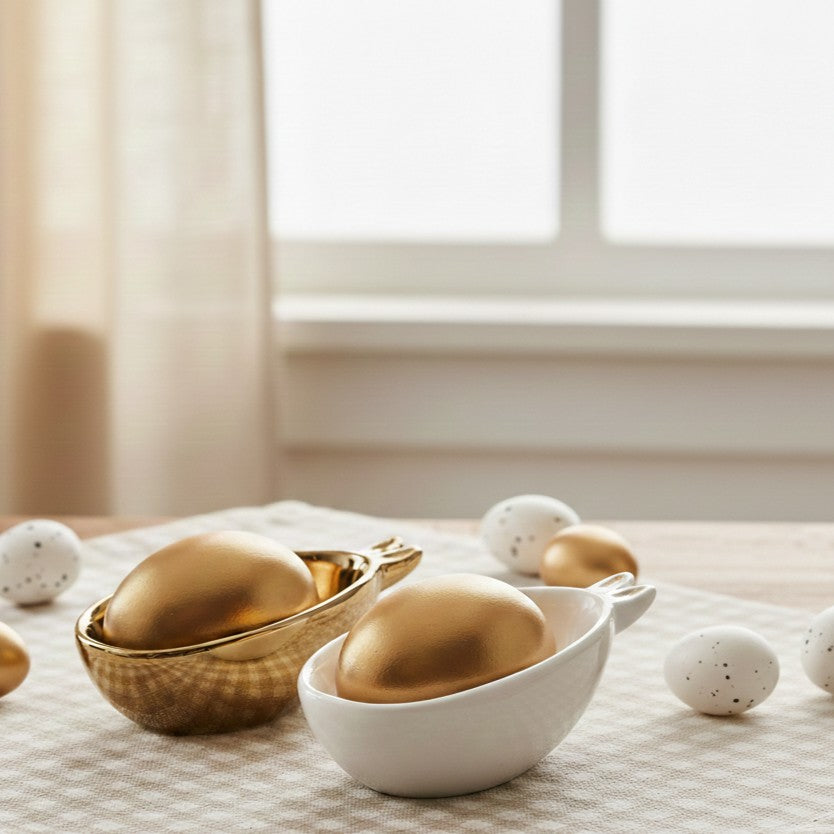 Bunny Schälchen mit Hasenohren aus Porzellan Weiss und Gold mit dekorativen Ostereiern
