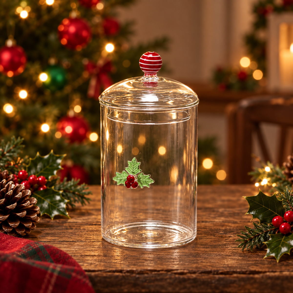 Aufbewahrungsdose aus Glas Weihnachten Stechpalme H19.5cm Ø10cm