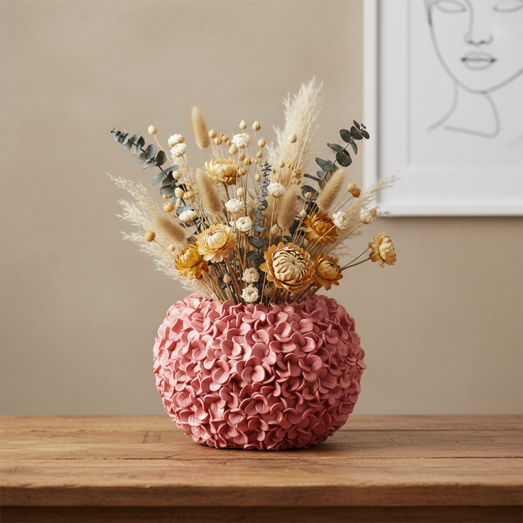 Hortensienvase, Dekovase mit Hortensien Muster Koralle Rosa Ø 38cm x H 23cm