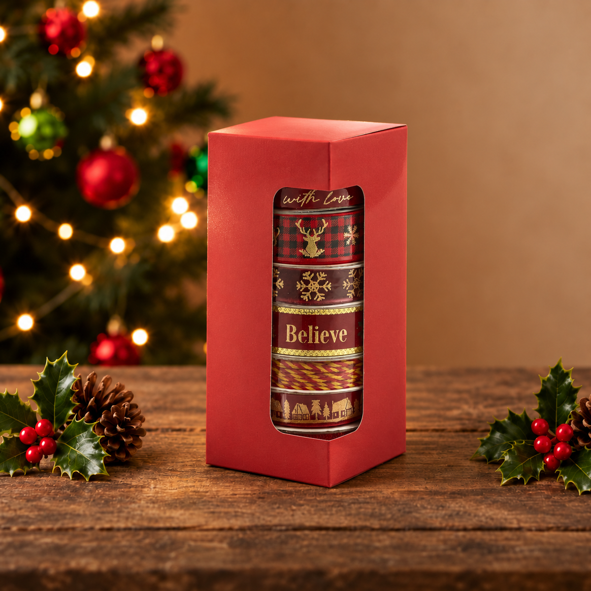 Geschenkband-Set Weihnachten Burgundrot 6 Rollen je 3m
