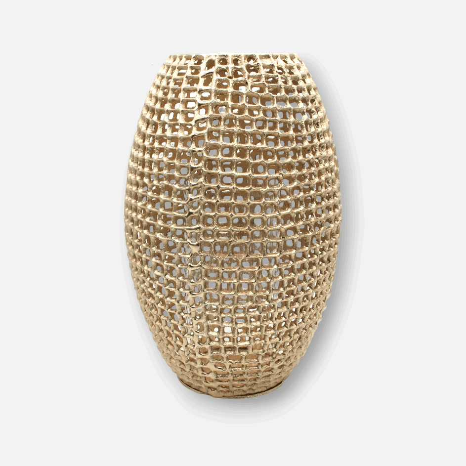 Lionelle | Windlicht Vase aus Aluminium gold mit Netzmuster gross Ø 25cm x H 39cm - mon-chouchou.ch