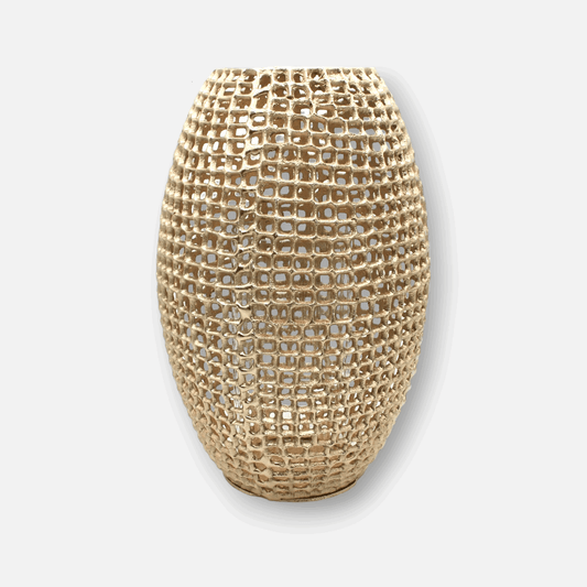 Lionelle | Windlicht Vase aus Aluminium gold mit Netzmuster gross Ø 25cm x H 39cm