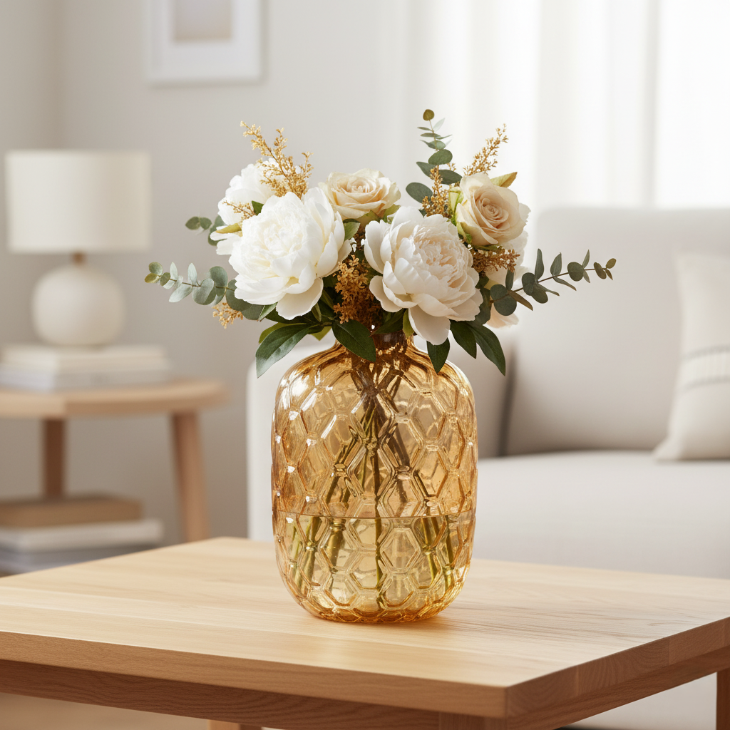 Glasvase, Dekovase aus Glas honigwabenartige Struktur gold braun Ø 29cm x H 42cm | Marlène