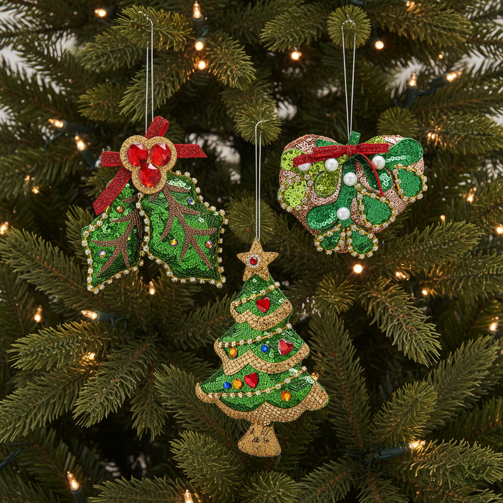 Dreiteiliges Weihnachtsanhänger-Set aus Stoff in Gold und Grün mit Tannenbaum, Herz und Stechpalmenzweig am Weihnachtsbaum.