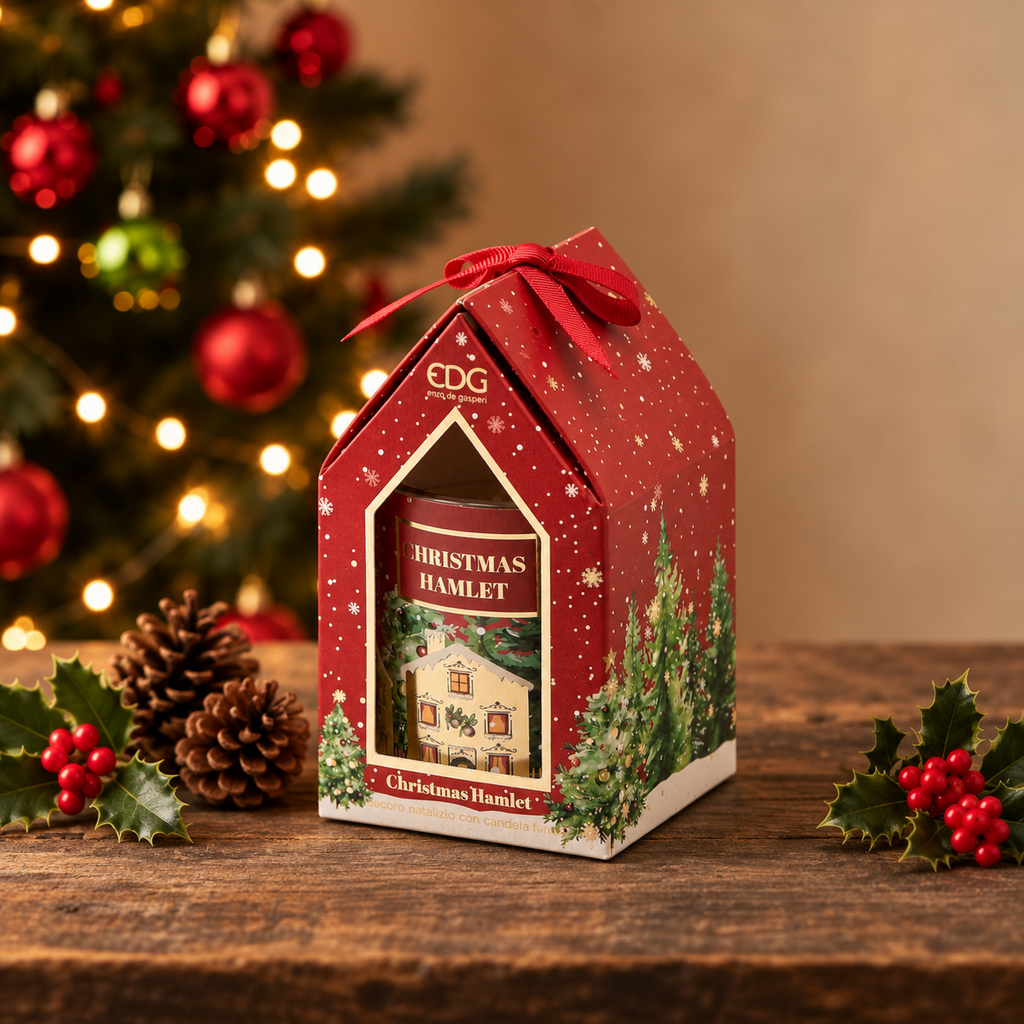 Duftkerze Weihnachten Häuschen Rot Geschenkbox Ø7cm H8cm