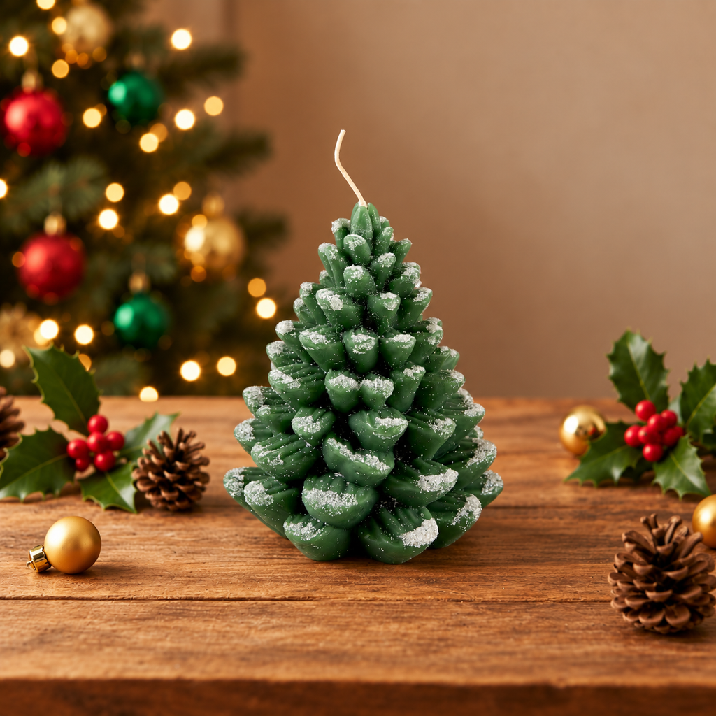 Kerze Tannenzapfen Weihnachten Geschenke grün H16cm, Ansicht 2