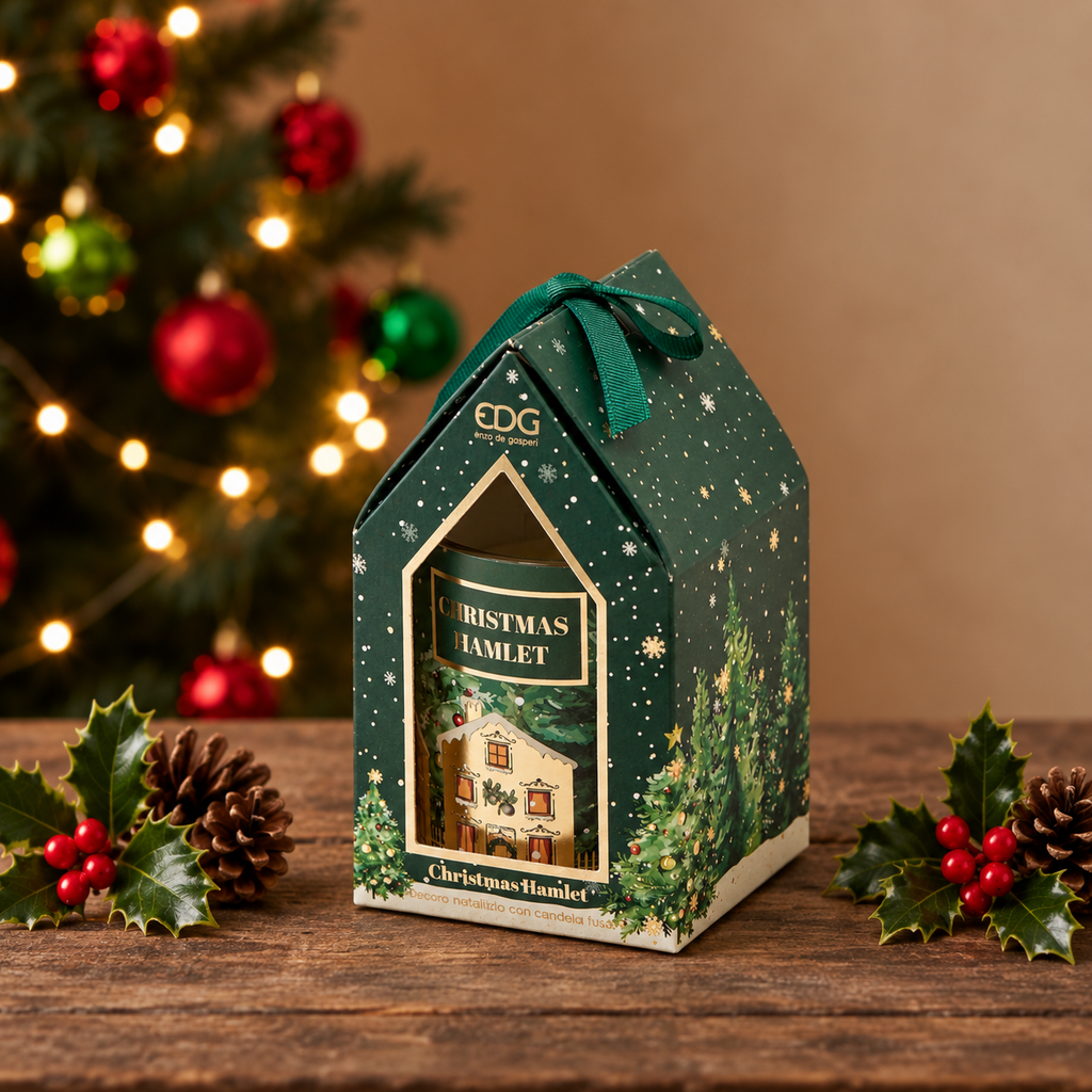 Duftkerze Weihnachten Häuschen Grün Geschenkbox Ø7cm H8cm