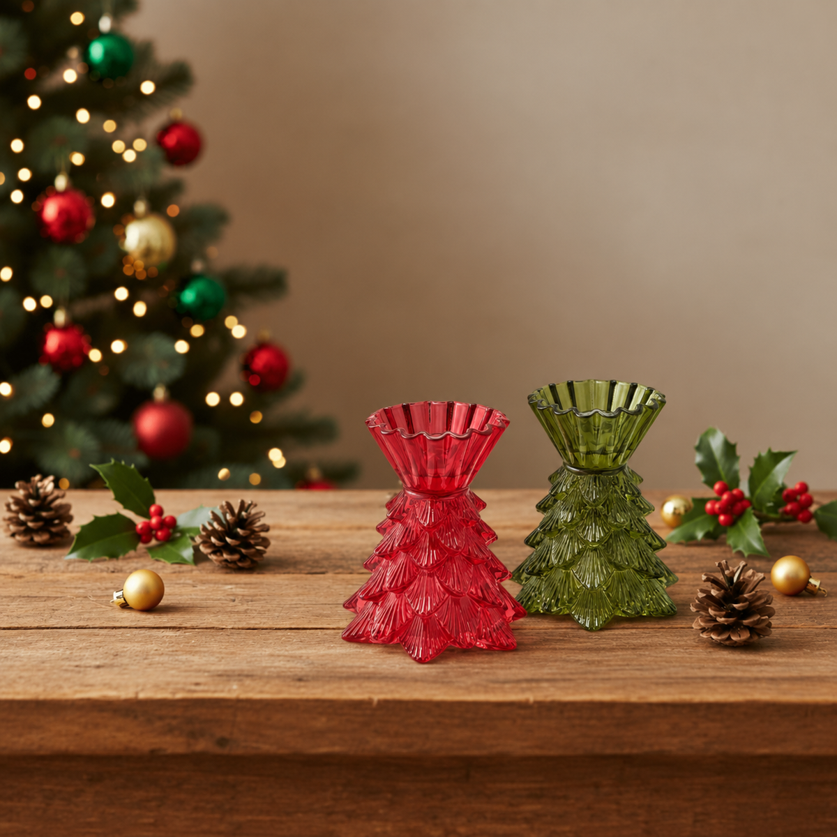 Kerzenhalter Glas Weihnachtsbaumform rot Ø12cm H14cm, Ansicht 5