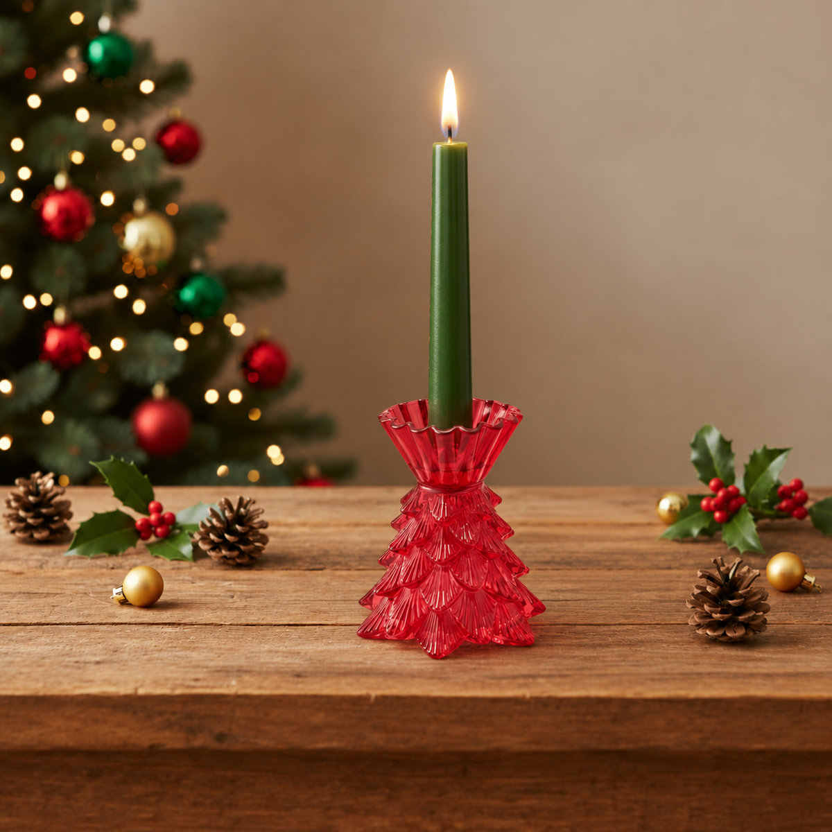 Kerzenhalter Glas Weihnachtsbaumform rot Ø12cm H14cm