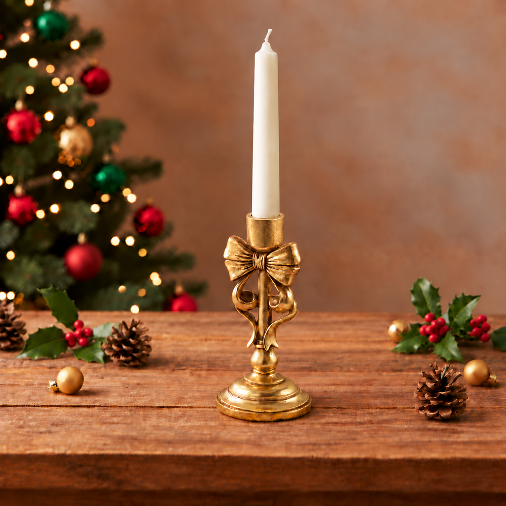 Kerzenständer, Kerzenhalter für Stabkerzen Weihnachten gold matt B 11.5cm x H 24cm | Bow