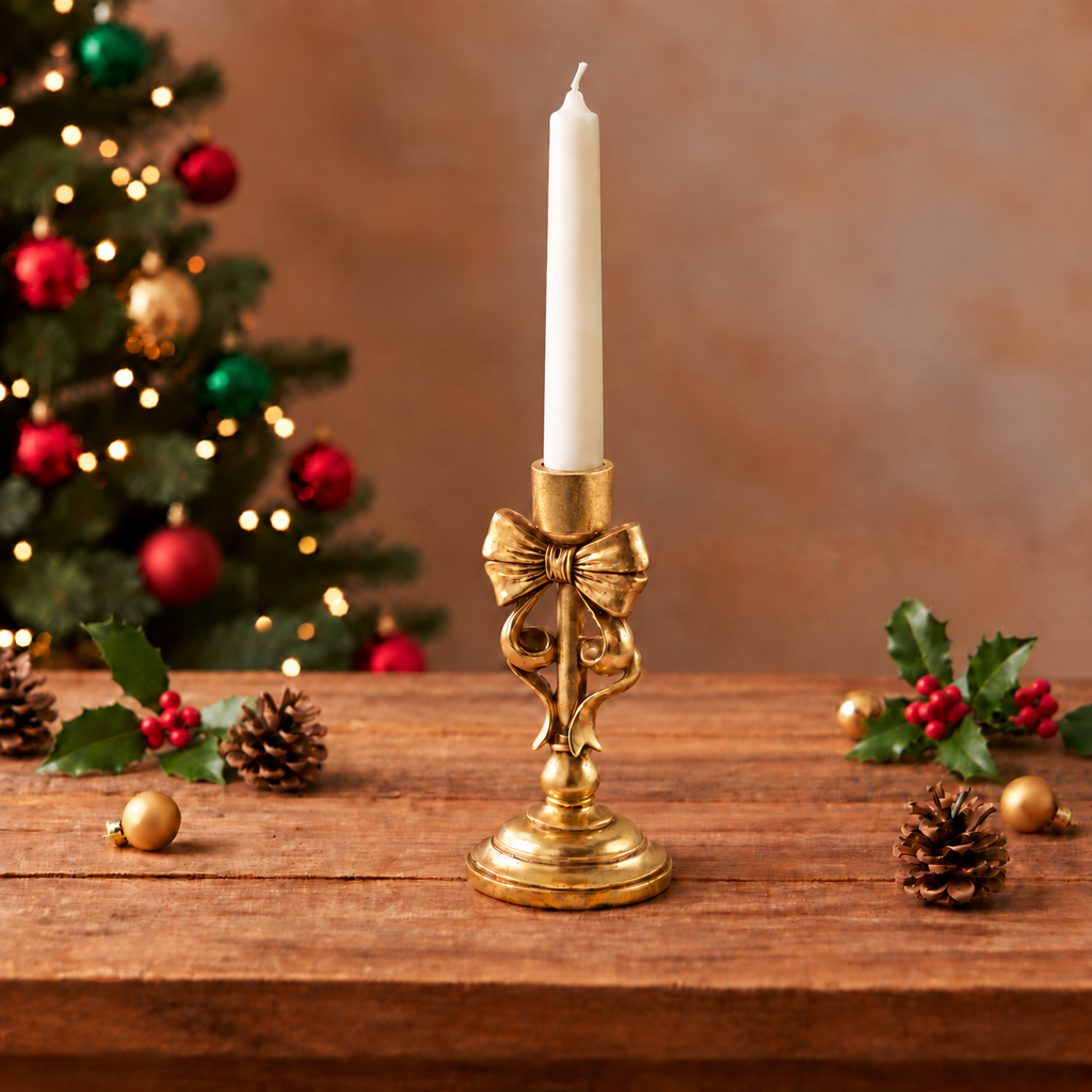 Kerzenständer, Kerzenhalter für Stabkerzen Weihnachten gold matt B 11.5cm x H 24cm | Bow