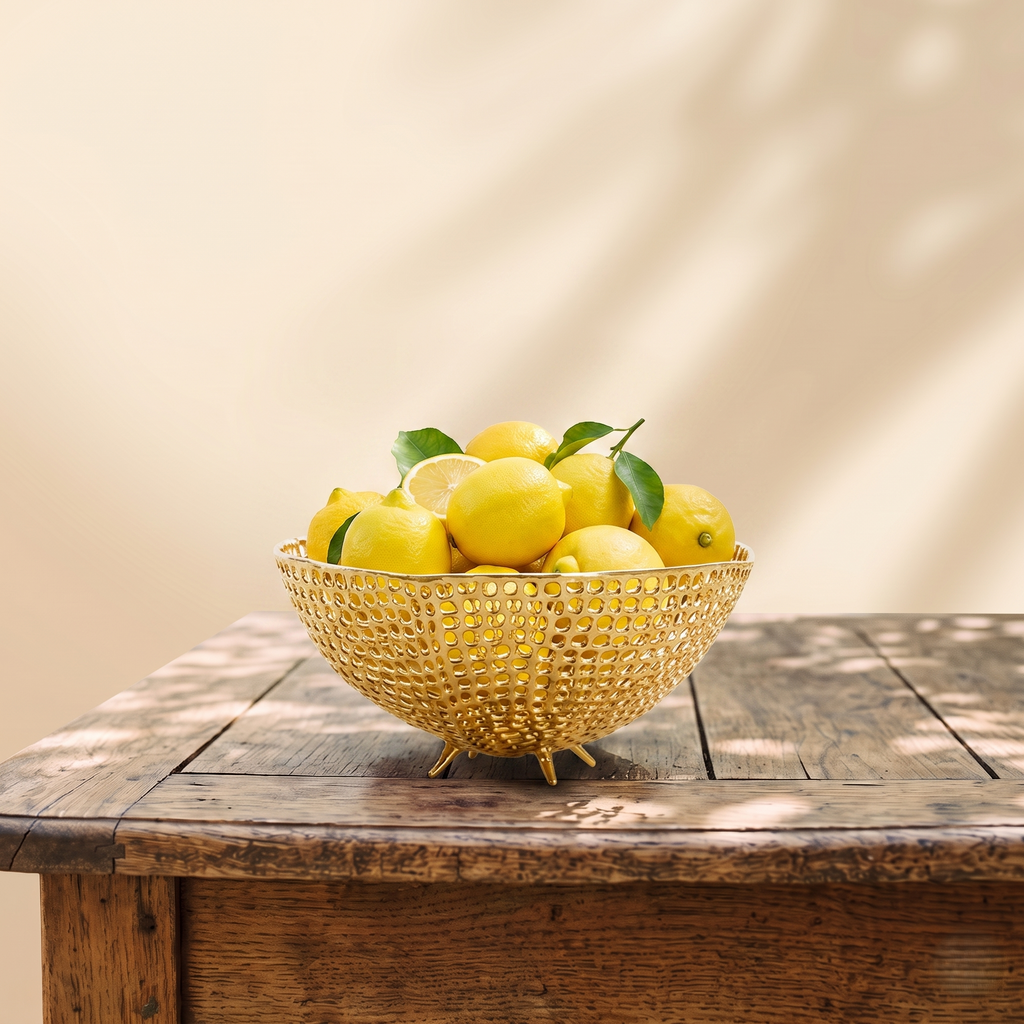 Goldene Obstschale mit Gitter-Muster für edle Akzente im Zuhause. Perfekt für Obst, Snacks oder als Deko-Highlight auf Tisch, Regal oder Sideboard.