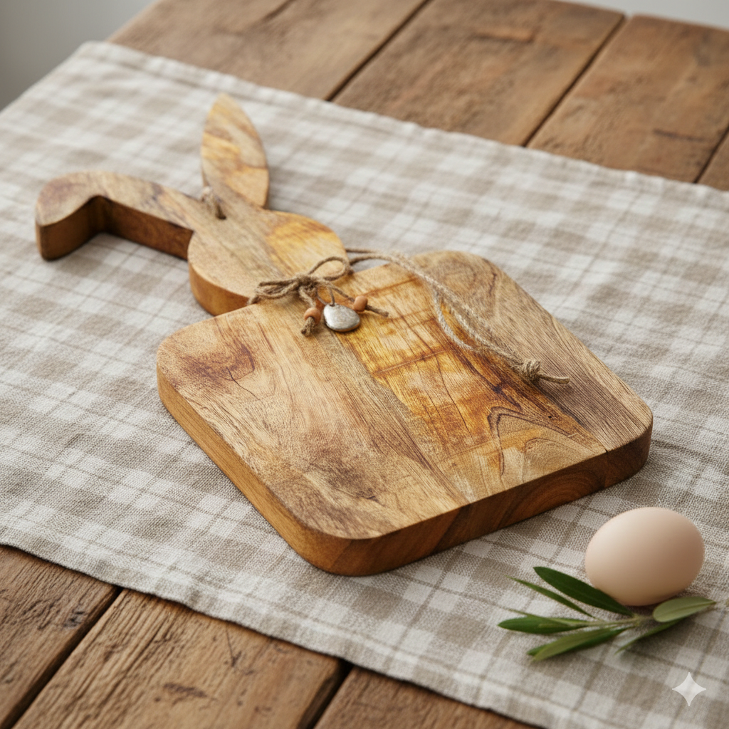 Holzbrett Hasenmotiv aus Mangoholz als Osterdeko Schneidebrett mit Hasenform
