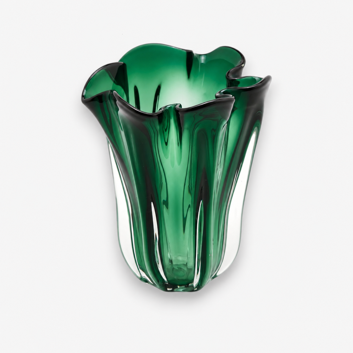 Glasvase Maelle grün in Tulpenform mit gewelltem Rand und klarem Glasboden, Ø 22 cm, H 27 cm