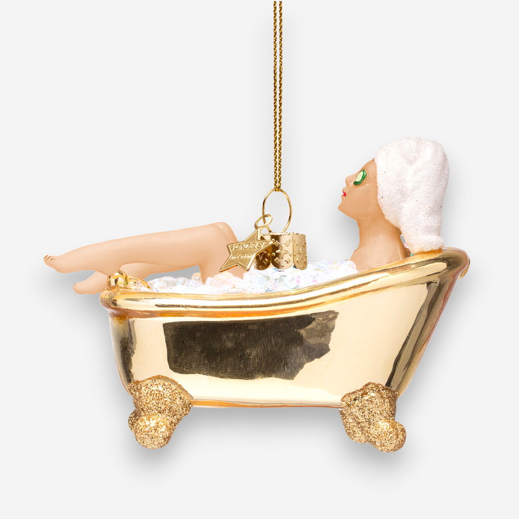 Weihnachtsanhänger Frau in goldener Badewanne Glas mundgeblasen handbemalt H6cm, Ansicht 4