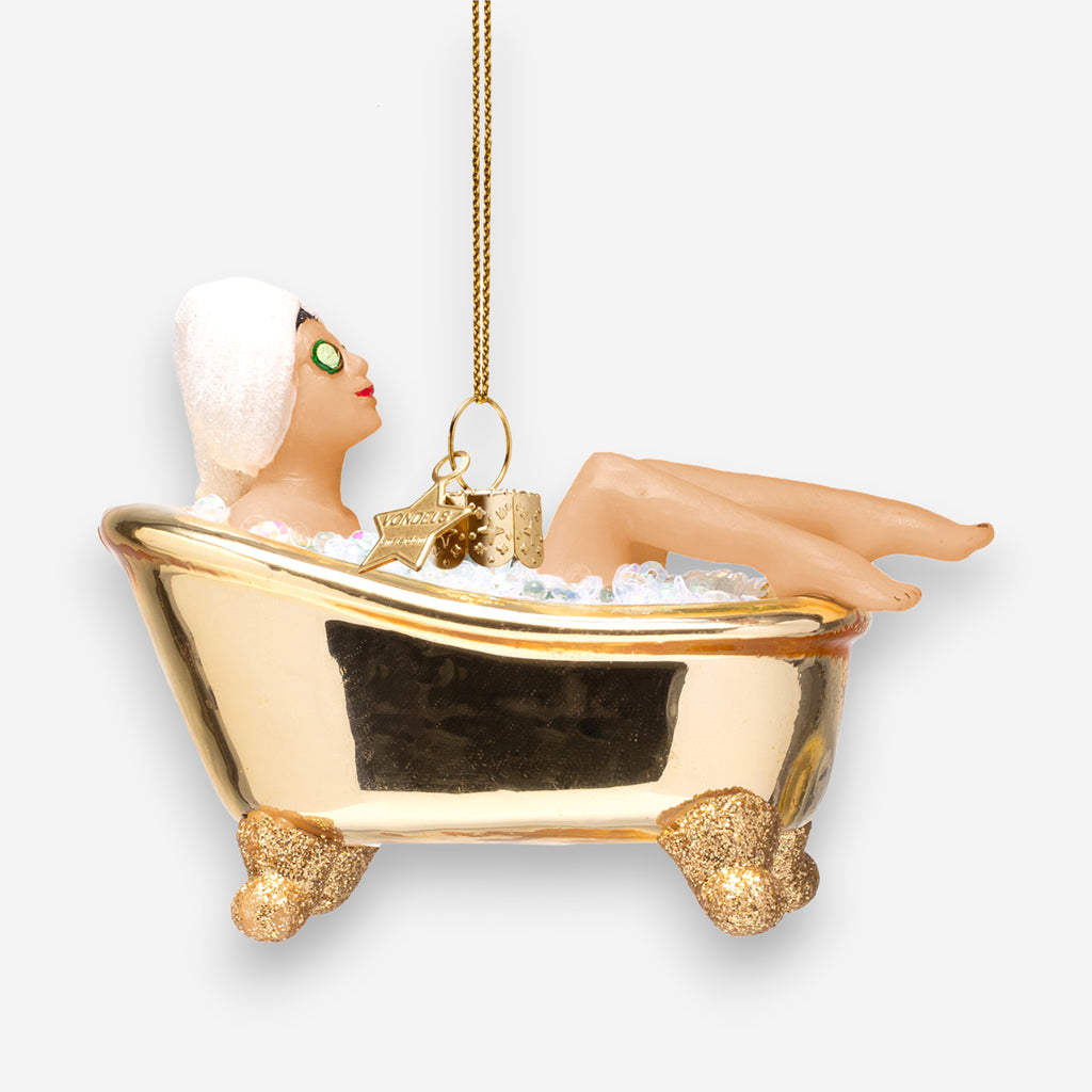 Weihnachtsanhänger Frau in goldener Badewanne Glas mundgeblasen handbemalt H6cm, Ansicht 5