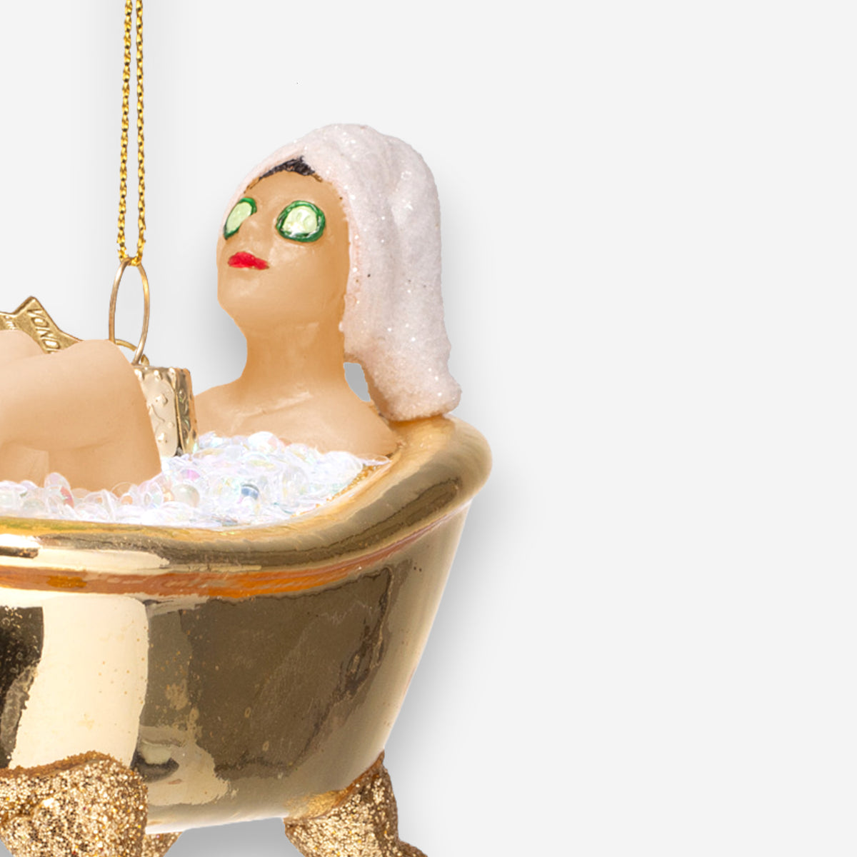 Weihnachtsanhänger Frau in goldener Badewanne Glas mundgeblasen handbemalt H6cm, Ansicht 3