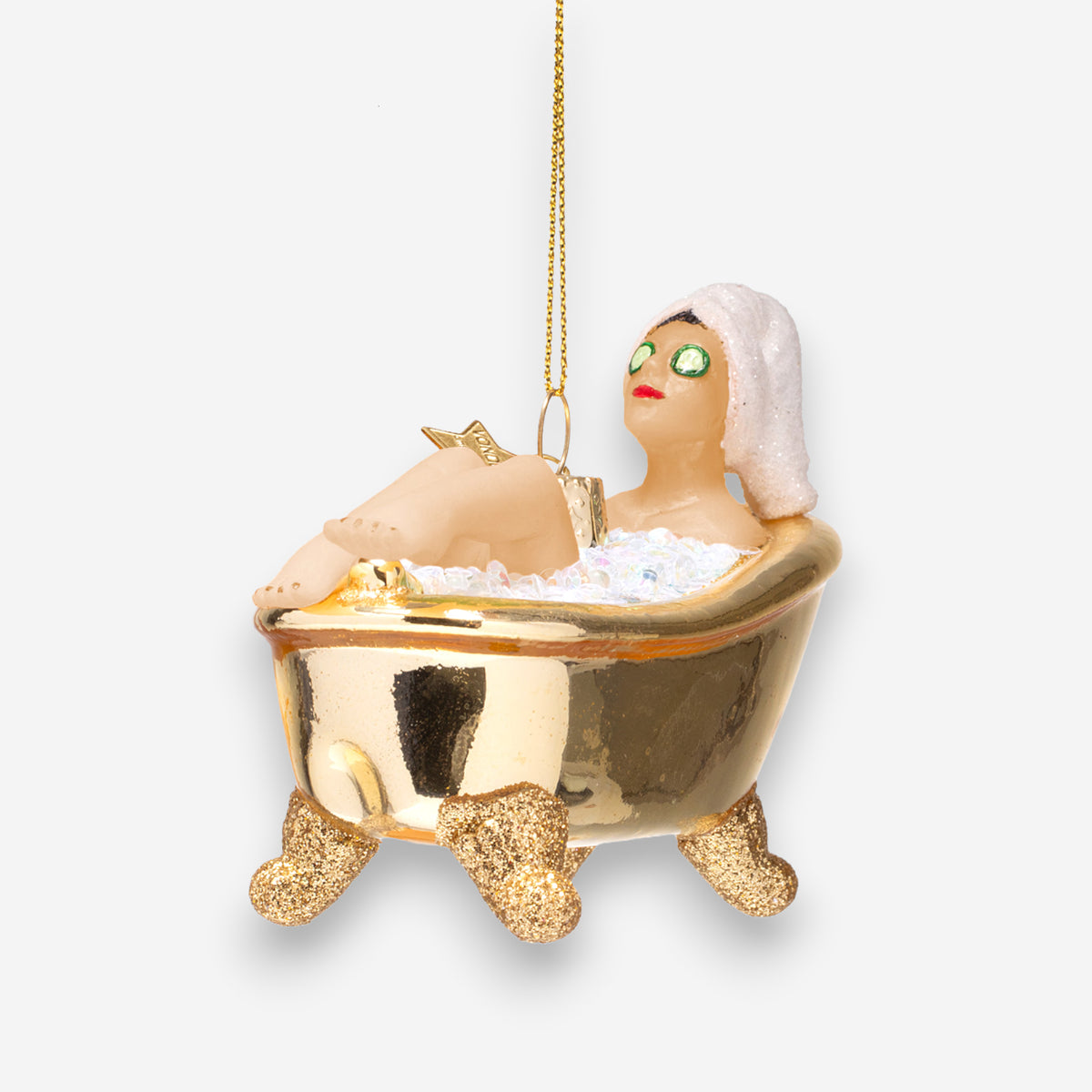 Weihnachtsanhänger Frau in goldener Badewanne Glas mundgeblasen handbemalt H6cm, Ansicht 2