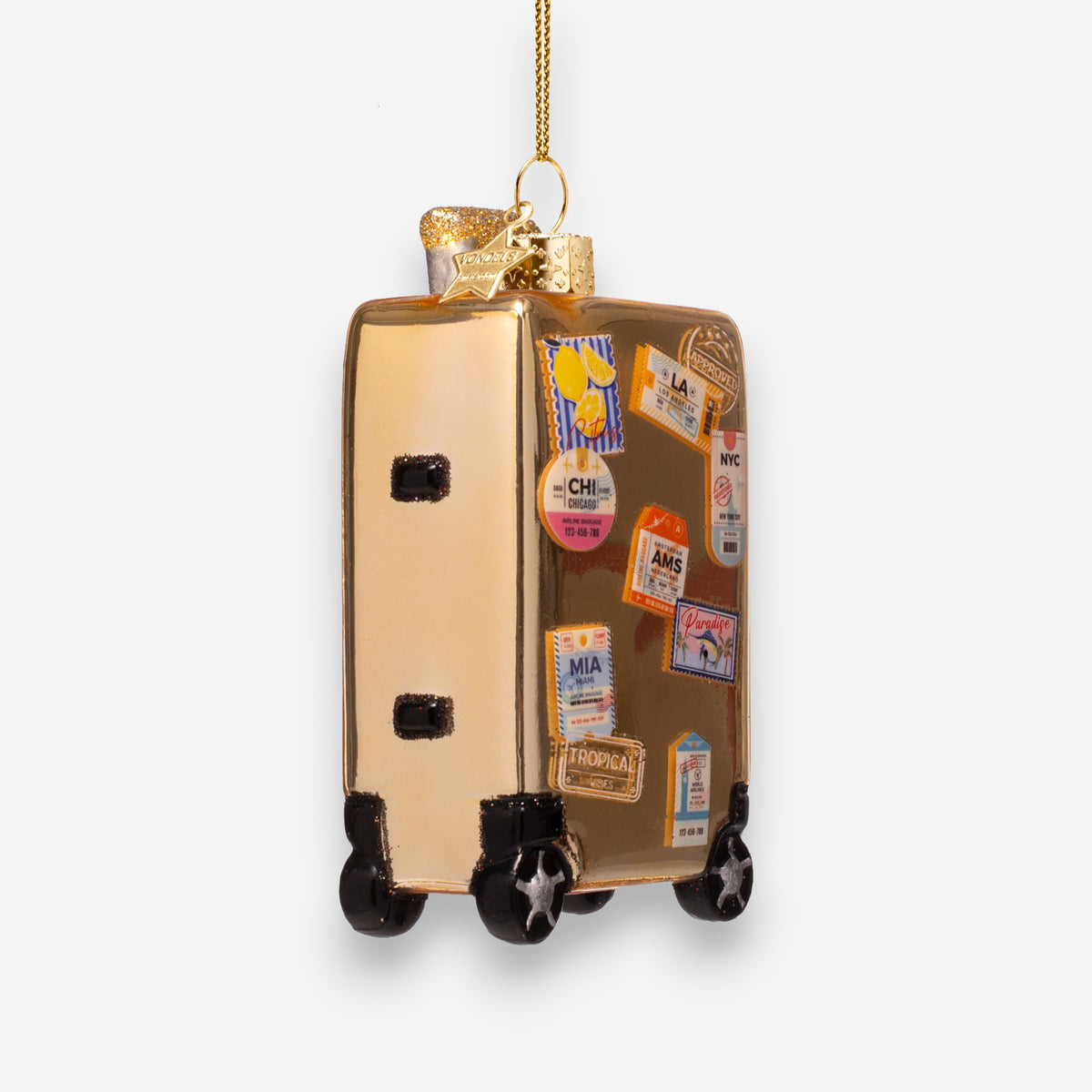 Weihnachtsanhänger goldener Koffer mit Stickers aus Glas mundgeblasen handbemalt H9.5cm, Ansicht 4