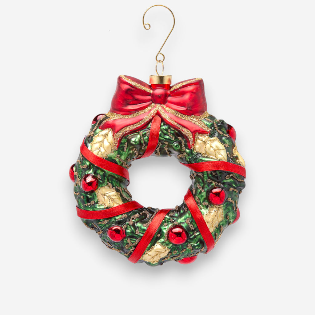 Weihnachtsanhänger Kranz mit Schleife Rot Grün Gold Glas mundgeblasen handbemalt Ø15cm, Ansicht 2