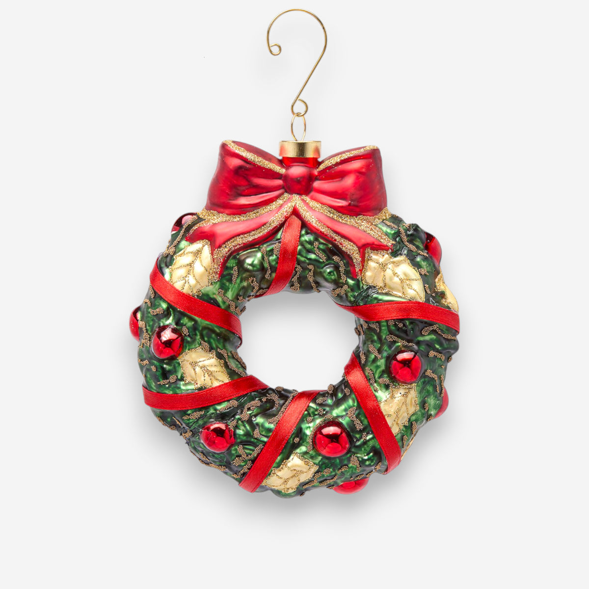 Weihnachtsanhänger Kranz mit Schleife Rot Grün Gold Glas mundgeblasen handbemalt Ø15cm, Ansicht 2